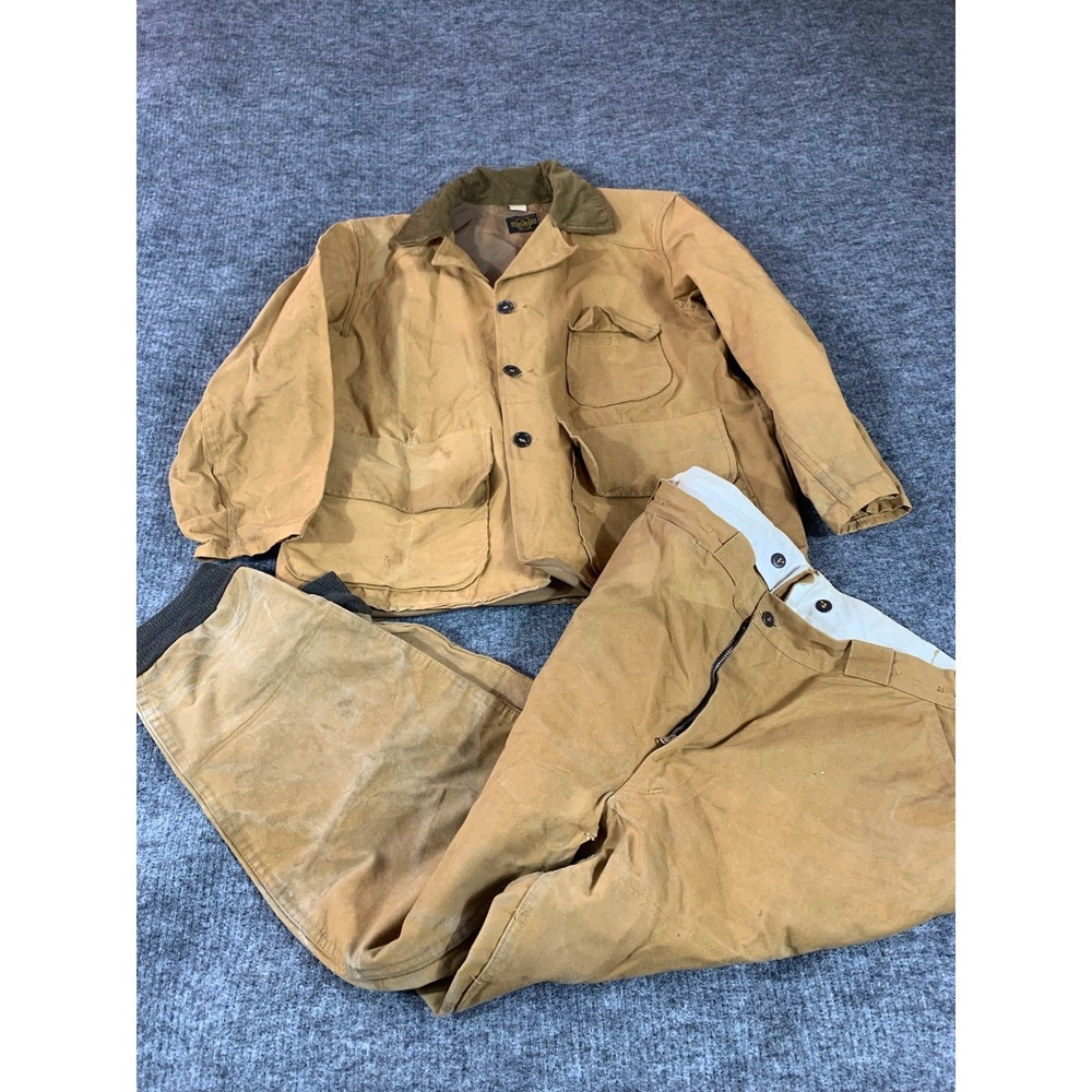 Vintage SafTbak Canvas Hunting Field Jacket & Pants Set Brown 42 XL 36x28 80s